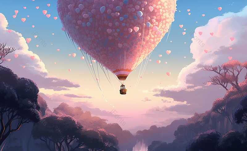 卡通七夕粉色爱心热气球天空约会插画,插画/手绘图,插画/手绘图库,插画/手绘图下载,插画/手绘